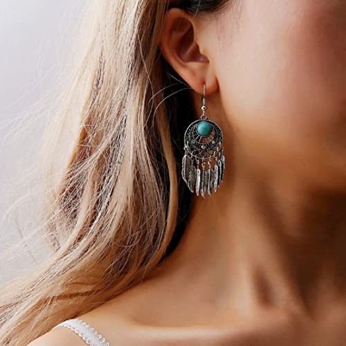 Boho Turquoise Feather Tassel Crescent Moon Dangle Earrings - Hypoallergenic, Leaf Bohemian Drop Earrings for Women - color: Silver