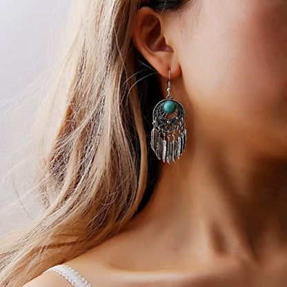 Boho Turquoise Feather Tassel Crescent Moon Dangle Earrings - Hypoallergenic, Leaf Bohemian Drop Earrings for Women - color: Silver