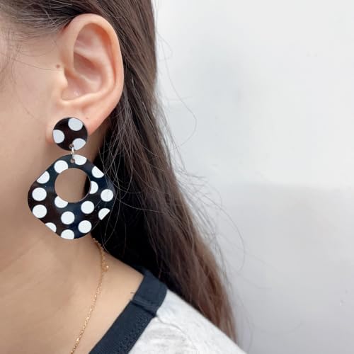 Polka Dot Black White Dangle Drop Earrings for Women | Cute Geometric Resin Statement Dangling Stud Fashion Y2K Jewelry - color: Rectangle