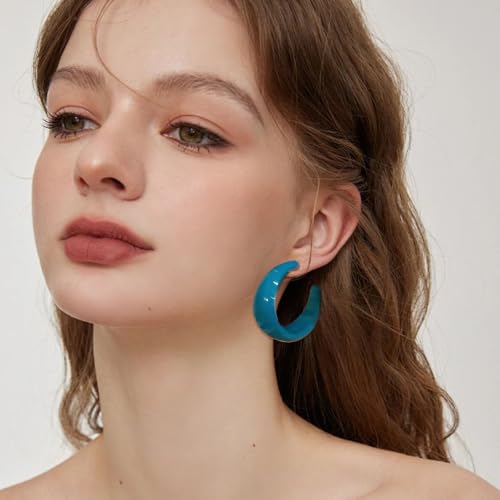 Chunky Acrylic Resin Hoop Earrings 80s 90s Statement Earrings | Thick Lightweight Costume Jewelry for Women Daily, Party, Vacation Wear, Gift for Her - color: Blue