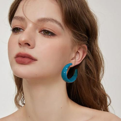 Chunky Acrylic Resin Hoop Earrings 80s 90s Statement Earrings | Thick Lightweight Costume Jewelry for Women Daily, Party, Vacation Wear, Gift for Her - color: Blue