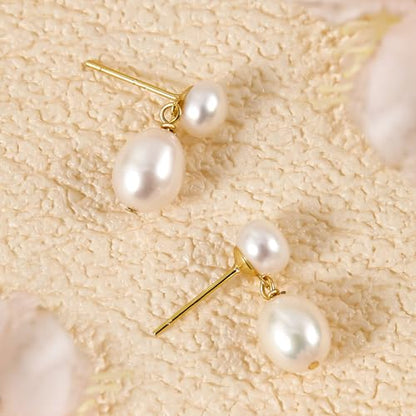 Petite Pearl Drop Earrings for Women - Real Freshwater Cultured Pearls Collection, S925 Sterling Silver Hypoallergenic Posts, 18K Gold Plated Dainty Jewelry - color: White