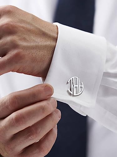 FindChic Stainless Steel Round Cufflinks with Custom Text/Picture/Monogram Letters 18K Gold Plated/Black Color for Men Groom Suits Shirts, with Gift Box - style: 03. custom 3 letters (stainless steel)
