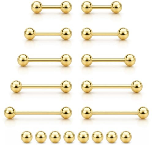 Tongue Rings Surgical Steel Straight Barbell Tongue Piercing Jewelry - Hypoallergenic Surgical Stainless Steel Nipple Rings for Women & Men Nipple Piercing Jewelry 14g, 16g (12mm 14mm 16mm 18mm 20mm) - color: 14g - Gold