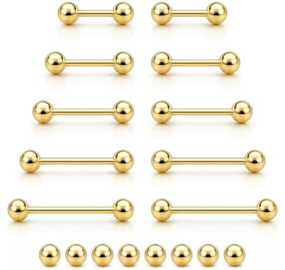 Tongue Rings Surgical Steel Straight Barbell Tongue Piercing Jewelry - Hypoallergenic Surgical Stainless Steel Nipple Rings for Women & Men Nipple Piercing Jewelry 14g, 16g (12mm 14mm 16mm 18mm 20mm) - color: 14g - Gold
