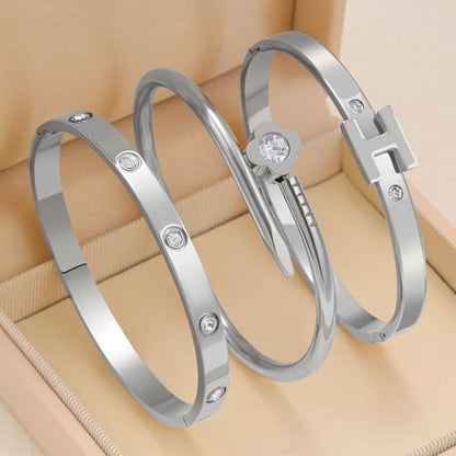 3Pcs Gold Bracelets for Women 14K Gold Plated Love/H/Nail Bangle Bracelet Dainty Non Tarnish Bracelet Jewelry Christmas Mothers Day Gifts for Women - color: 3Pcs Silver/Grey H bracelet