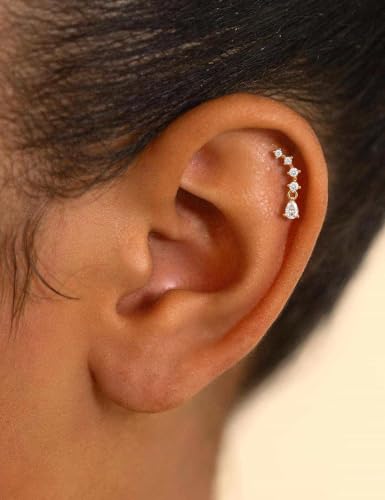 Freekiss Cartilage Flat Back Earrings Hypoallergenic for Sensitive Ears | 14K Gold / Sterling Silver Plated Climbers Earrings for Women Dainty Cz Stud Earring 20G Conch Tragus Helix Piercing Jewelry - color: 5CZ Teardrop-GD