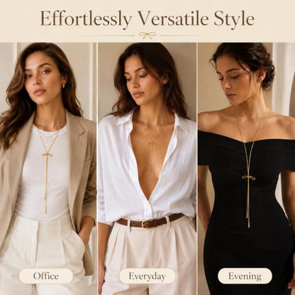 YUJIE Long Gold Y Necklace for Women - Adjustable Lariat Pendant Snake Chain, 14K Gold Plated Dainty Teardrop Necklace for Trendy & Formal Wear - color: bow