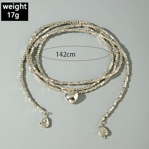Chunky Puffy Heart Layered Gold Choker & Green Beaded Lariat Necklace with Baroque Pearl Drops, Adjustable Wrap Y Style Bohemian Jewelry Fashion Accessory for Women Gifts - color: silver