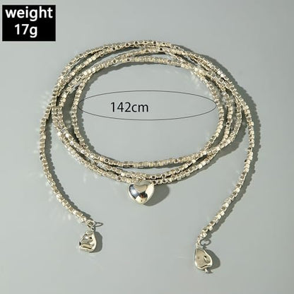 Chunky Puffy Heart Layered Gold Choker & Green Beaded Lariat Necklace with Baroque Pearl Drops, Adjustable Wrap Y Style Bohemian Jewelry Fashion Accessory for Women Gifts - color: silver