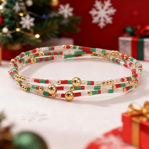 Colorful Gold Beaded Bracelets for Women Boho Tiny Gold Plated Ball Stretch Stackable Small Seed Beads Bracelet Stack Trendy Jewelry Set Dainty Vacation Friendship Christmas Gifts for Women - color: red green