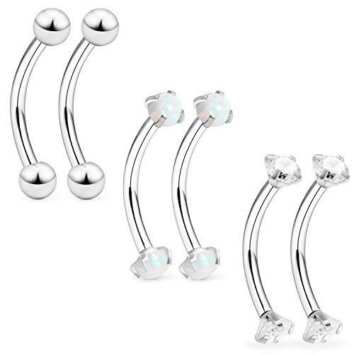 16G Eyebrow Rook Piercing Jewelry Small Belly Button Ring 316L Surgical Steel Snake Eye Tongue Curved Barbell Vertical Lip Labret Piercing Jewelry for Women Men 6mm 8mm 10mm Bars 3mm Opal CZ - color: 6PCS - 6mm Bars