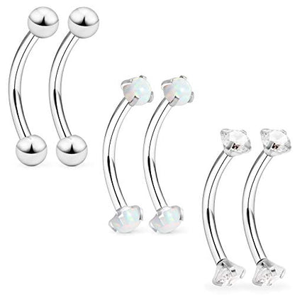 16G Eyebrow Rook Piercing Jewelry Small Belly Button Ring 316L Surgical Steel Snake Eye Tongue Curved Barbell Vertical Lip Labret Piercing Jewelry for Women Men 6mm 8mm 10mm Bars 3mm Opal CZ - color: 6PCS - 6mm Bars