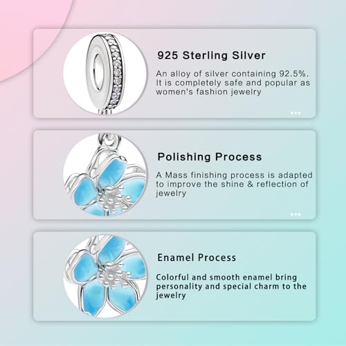 LUXILLA Charms for Bracelets & Necklace 925 Sterling Silver Charms Elephant Happy Birthday Charm Fit for Valentine's Day Mother's Day Jewelry Gift for Women - color: Blue Cherry Blossom Charm