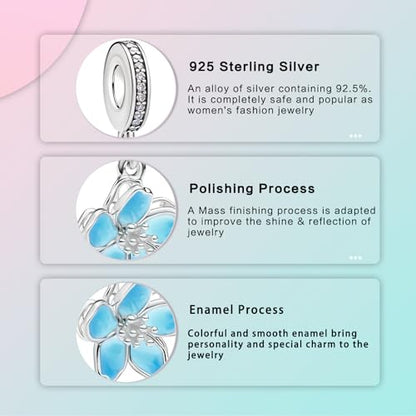 LUXILLA Charms for Bracelets & Necklace 925 Sterling Silver Charms Elephant Happy Birthday Charm Fit for Valentine's Day Mother's Day Jewelry Gift for Women - color: Blue Cherry Blossom Charm