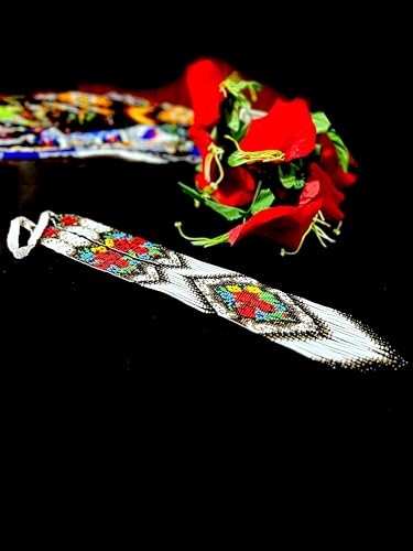 Long Beaded Necklace – Boho Native Handmade Seed Bead Tassel Necklace, Bohemian Large Statement Beaded Necklace for Women - color: White Rose Red