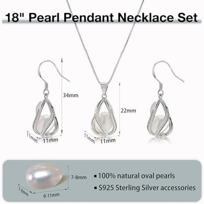 Pearl Jewelry Set For Women S925 Sterling Silver/14K Gold Plated Necklace & Earrings Set Freshwater Pearl Pendant Cage Set for Wedding Anniversary Prom Birthday Gift - color: Silvery-White