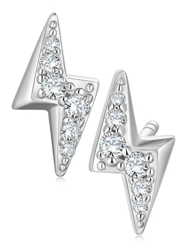 All Moissanites Sparkly Geometric Stud Earrings for Women, Solid 925 Sterling Silver with Rhodium/Gold Plated Hypoallergenic, Lightweight Comfy Earrings - color: Lightning - White Gold