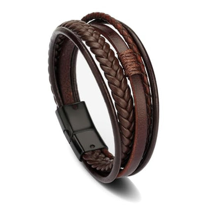 GAUEIOUR Men's Leather Bracelet - Brown with Stainless Steel Clasp, Casual Multi-Layer Creative Braided Bracelets, Vintage Personalized Handmade Wristband Punk Rock Jewelry for Mens