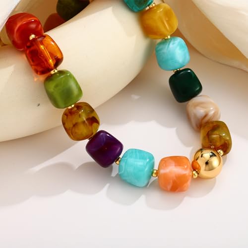 Chunky Beaded Necklace for Women Boho Statement Bead Necklace Adjustable Choker with Polished Disc/Square Beads Trendy Summer Beach Jewelry Gifts - color: Multicolor