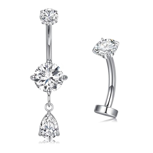 VCMART Belly Button Ring Belly Button Piercing Belly Rings Dangle Belly Button Rings Surgical Steel Clicker Floating Belly Button Rings for Women 14G Silver Gold Belly Navel Piercings Jewelry - color: C3 -2pcs, silver