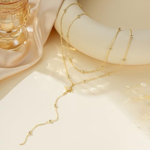 Lariat Gold Necklace for Women, 14K Gold Plated Dainty Drop Y Necklace, Waterproof Non Tarnish Long Layered Beaded Chain Lariat Necklace Prom Jewelry Summer Vacation Gift for Her - color: Gold-5