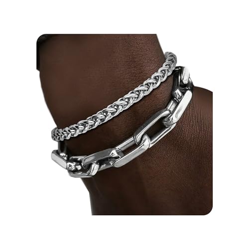 DAYANEY Mens Bracelet Silver and Gold Bracelet for Men Rakhi for Brother | Stainless Steel Cuban Chain Bracelet Set, Adjustable Bracelet for Men Jewelry Gifts for Boyfriend, Dad and Son - color: Silver Paperclip & Dragon Bone, size: 7.8+1.2inches