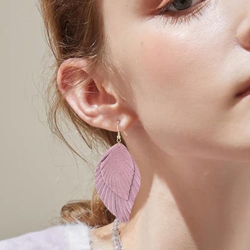 Genuine Leather Handmade Fringe Feather Lightweight Dangle Drop Earrings Teardrop Tassel Hook Earrings for Women - style: 8 Light Pink