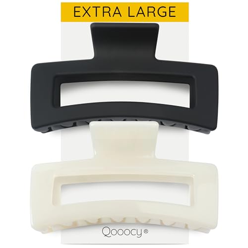 XXL Jumbo Rectangle Claw Clips for Thick Hair - Strong Hold Hair Clips | Rectangle Design | Matte Finish | Non Slip | Wide Opening | 2 Pack (Black & Jelly White) - color: Black & Jelly White