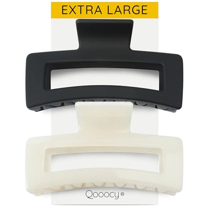 XXL Jumbo Rectangle Claw Clips for Thick Hair - Strong Hold Hair Clips | Rectangle Design | Matte Finish | Non Slip | Wide Opening | 2 Pack (Black & Jelly White) - color: Black & Jelly White