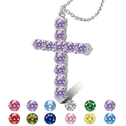 Cross Necklace for Women, Silver Cross Pendant Necklaces | 14K Gold Plated, Dainty CZ Cross Necklace, Non Tarnish and Hypoallergenic Jewelry for Women, Christian Religious Faith Gifts - color: 09-Silver-Purple