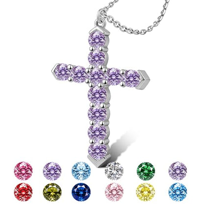 Cross Necklace for Women, Silver Cross Pendant Necklaces | 14K Gold Plated, Dainty CZ Cross Necklace, Non Tarnish and Hypoallergenic Jewelry for Women, Christian Religious Faith Gifts - color: 09-Silver-Purple