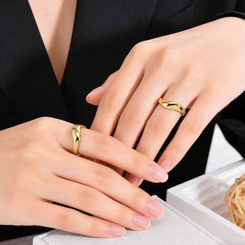 Stacking Rings for Women Gold Plated Wavy Pinky Thumb Ring Stack Size 4-9 - color: Gold1