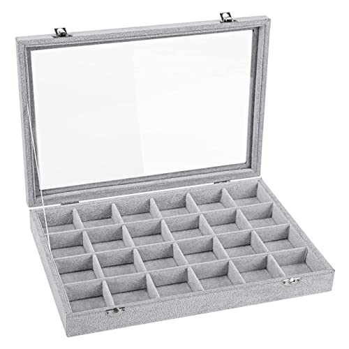 Emibele Velvet Jewelry Organizer Box, 24 Grids with Clear Lid Rings Earrings Bracelets Necklace Organizer Tray Showcase Display Jewelry Storage Case, Grey - style: K2- 24 Grids with Lid