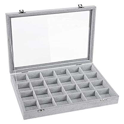 Emibele Velvet Jewelry Organizer Box, 24 Grids with Clear Lid Rings Earrings Bracelets Necklace Organizer Tray Showcase Display Jewelry Storage Case, Grey | Rings Earrings Bracelets Necklace Organizer Tray Showcase Display Jewelry Storage Case with Detach