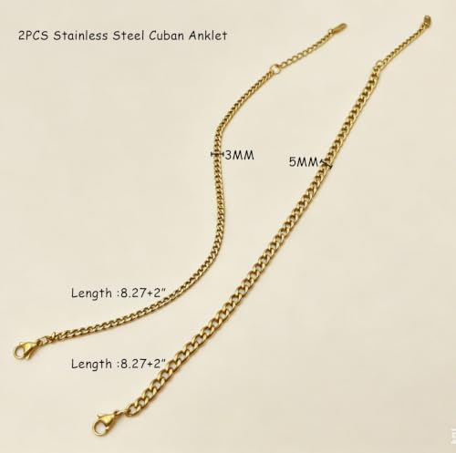 Gold Cuban Ankle Bracelets for Women 14K Gold Plated Cuban Link Anklet Chunky Dainty Adjustable Gold Anklet for Women Anklet Set Stackable Figaro Cuban Link Anklets Beach Jewelry - color: gold/cuban chain