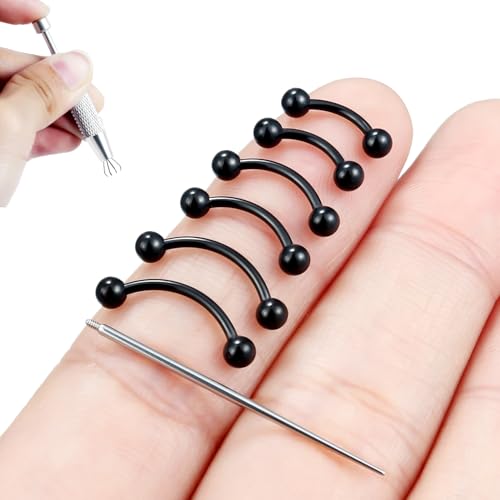 Internally Threaded Eyebrow Piercing Jewelry Surgical Steel Tiny Eyebrow Rings Vertical Labret Lip Jewelry Small Ear Rook Earring for Women Men 18g 16g 14g Plus Piercing Ball Grabber Tool - color: black, size: 18g,ball end