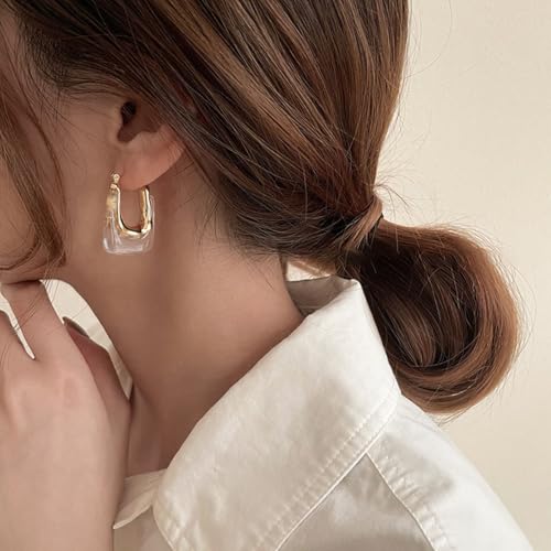 Clear Hoop Earrings for Women Gold Chunky Resin Earring Colorful Enamel Huggie Earrings Geometric Crystal Hoop Earrings Chunky Statement Trendy Jewelry - color: clear