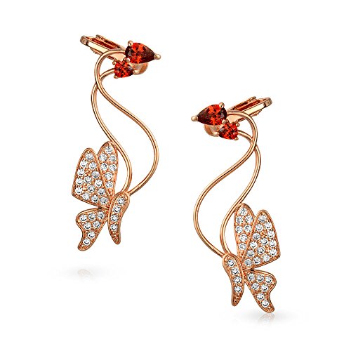 Red Pink Cubic Zirconia Garden Insect 3D Butterfly Helix Ear Pin Climber Crawler Cartilage Lobe Earrings For Women Pave CZ Rose Gold Plated