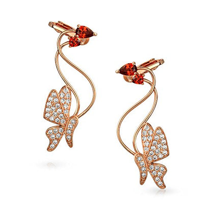 Red Pink Cubic Zirconia Garden Insect 3D Butterfly Helix Ear Pin Climber Crawler Cartilage Lobe Earrings For Women Pave CZ Rose Gold Plated