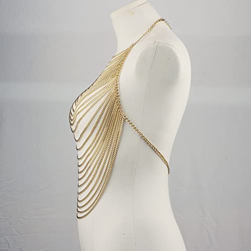 CHRAN Multi-Layer Body Chain Necklace, Gold Metal Chain Halter Top Jewelry, Sexy Chest Chain Accessory for Women - color: Golden