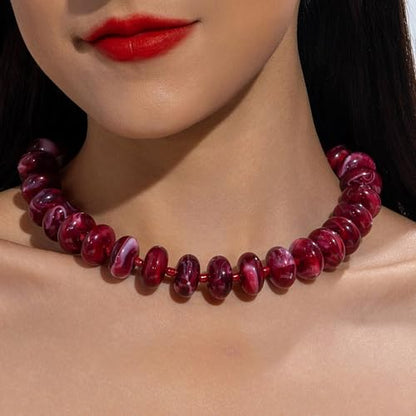 Beaded Necklace for Women Statement Chunky Necklace Boho Bead Choker Acrylic Big Bead Necklaces Summer Beach Jewelry for Women - color: Red