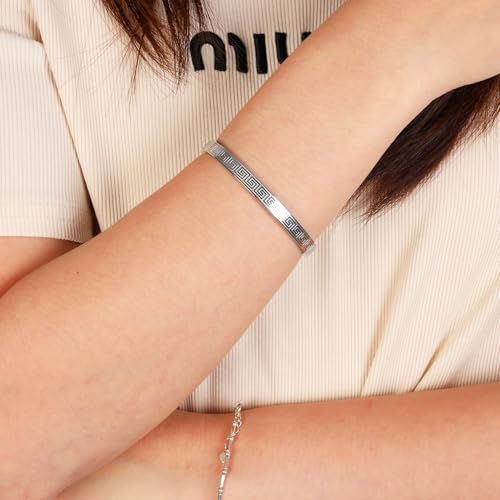 4/6/8MM Greek Key Meander Bracelet Oval Stainless Steel Bangle Cuff Gifts for Women Men - color: Silver, size: 6mm