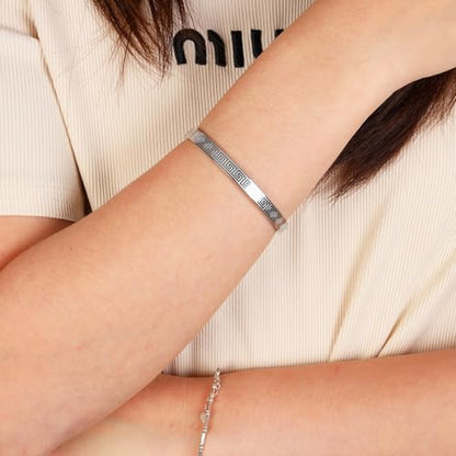 4/6/8MM Greek Key Meander Bracelet Oval Stainless Steel Bangle Cuff Gifts for Women Men - color: Silver, size: 6mm