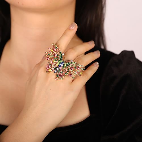 Jumwrit Boho Big Crystal Butterfly Ring Sparkling Rhinestone Knuckle Ring Statement Wrap Vintage Finger Ring Adjustable Open Band Ring Wedding Party Cocktail Jewelry for Women