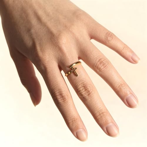 Cross Rings For Women, Faith Christian Blessed Hope Love Encouragement Pray Ring Adjustable Open Wrap Thumb Cross Inspirational Ring Dainty 14k gold Jewelry Easter Gift Non Tarnish - color: Gold 1