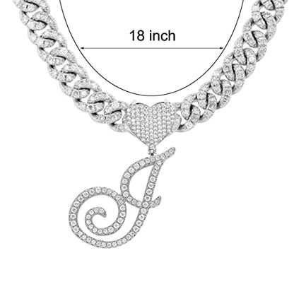 Initial Necklaces Silver Cuban Link Chain for Women Iced Out Chain with Heart Letter Pendants Custom Chain Name Necklace Hip Hop Jewelry Gift - color: J