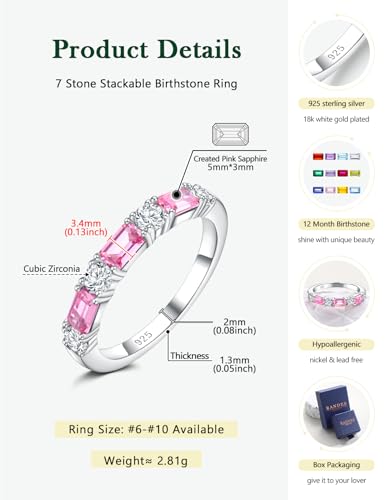3.5mm Half Eternity Band Sterling Silver Rings for Women Sapphire/Ruby/Emerald and Cz Wedding Bands 7 Stone Stackable Birthstone Ring Anniversary Jewelry Size 6-10 - color: 10-Pink Sapphire-Oct.