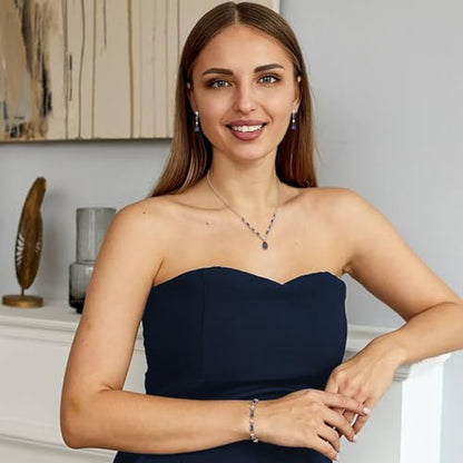 Teardrop Marquise Cubic Zirconia Wedding Prom Jewelry Set for Women Bridal | Silver/Gold/Rose Gold Plated, Pear Cut Pendant Necklace Drop Earrings Link Bracelet, for Bride Bridesmaid, for Banquet Party - style: B_Three Set, Blue Silver-Tone (Teardrop)