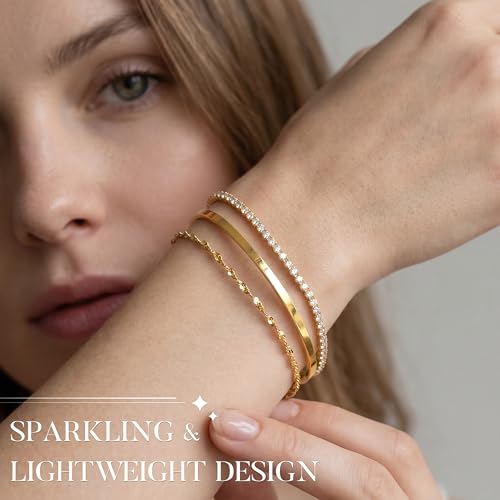 925 Sterling Silver Bracelets for Women Stack, Trendy Tennis Bangle Cuff Jewelry Set 14K Gold Plated, Adjustable Bracelet Set for Wrist Essentials, Women Fashion Watch Band Acecessories - style: Bracelet_3pcs(Dainty Tennis Set)